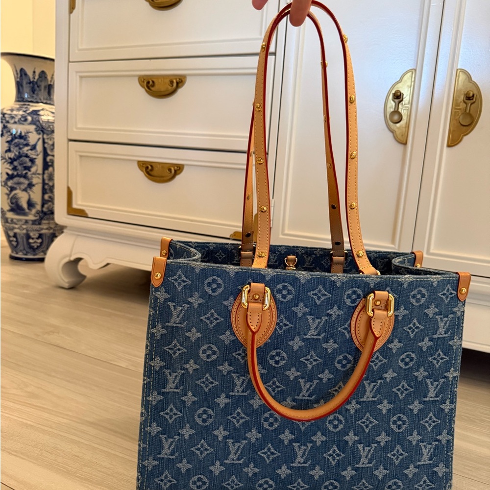 Denim Tote with Leather Handles